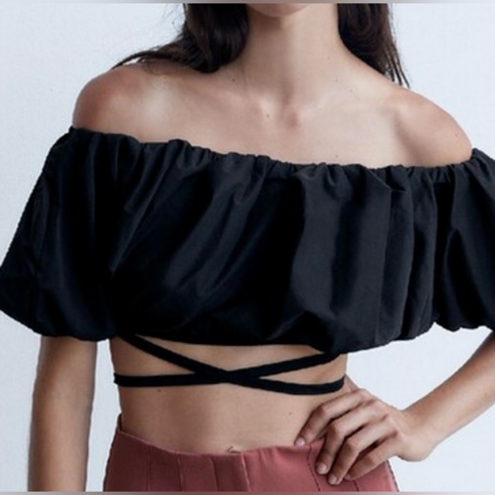 ZARA Off-the-Shoulder Puff Sleeve Criss Cross‎ Self Tie Crop Top in Black Medium
